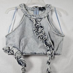 Cherie Los Angeles Washed Denim Ruffle Crop Top